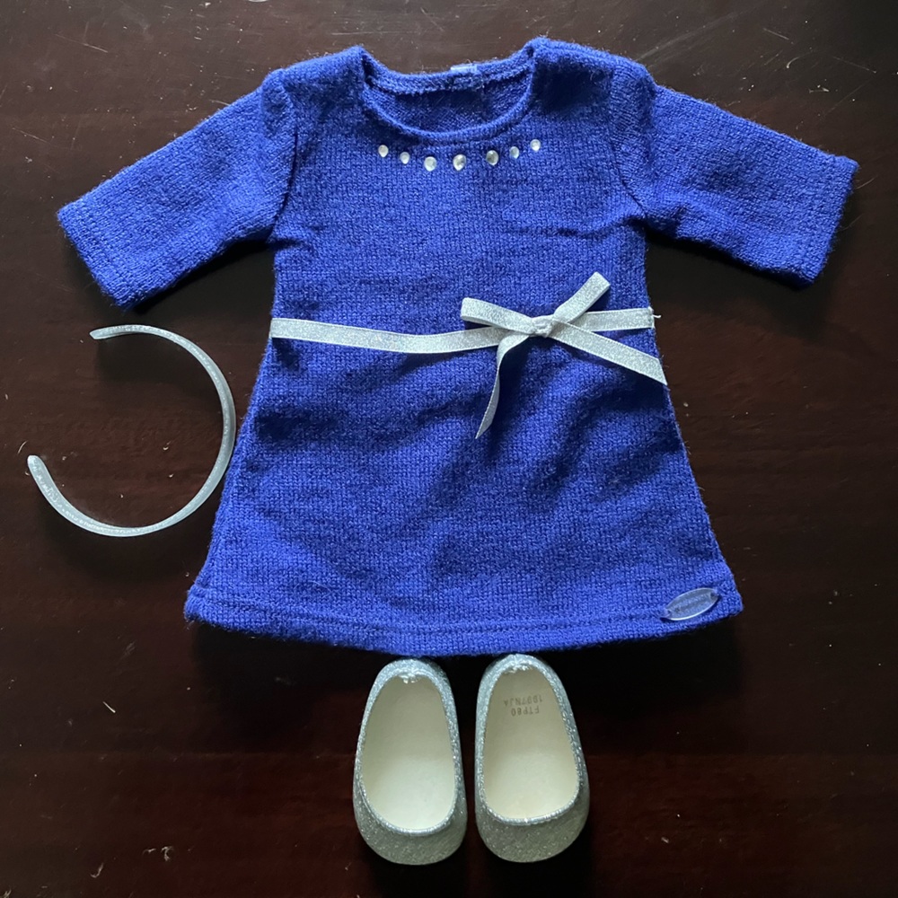 EUC American Girl Blue Sweater Dress w/Shoes & Headband